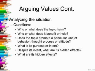Arguing Values Cont.  Analyzing the situation Questions: Who or what does the topic harm? Who or what does it benefit or help? Does the topic promote a particular kind of behavior, thought process or attitude? What is its purpose or intent? Despite its intent, what are its hidden effects?  What are its hidden effects?  