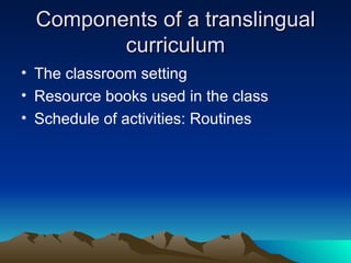 Components of a translingual curriculum The classroom setting Resource books used in the class Schedule of activities: Routines 