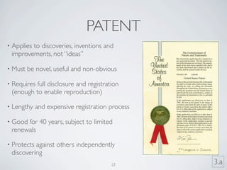 PATENT
• Applies
        to discoveries, inventions and
 improvements, not “ideas”

• Must   be novel, useful and non-obvious

• Requiresfull disclosure and registration
 (enough to enable reproduction)

• Lengthy    and expensive registration process

• Goodfor 40 years, subject to limited
 renewals

• Protectsagainst others independently
 discovering
                                        23        3.a
 