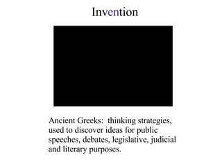 Inv en tion Ancient Greeks:  thinking strategies, used to discover ideas for public speeches, debates, legislative, judicial and literary purposes. 