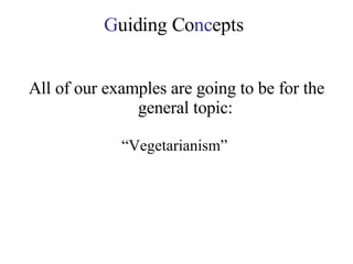 G uiding Co nc epts All of our examples are going to be for the general topic: “ Vegetarianism”  