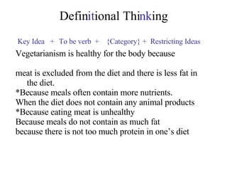 Defin it ional Thi nk ing Vegetarianism is healthy for the body because  meat is excluded from the diet and there is less fat in the diet. *Because meals often contain more nutrients. When the diet does not contain any animal products *Because eating meat is unhealthy Because meals do not contain as much fat because there is not too much protein in one’s diet Key Idea  + To be verb  +  {Category} +  Restricting Ideas  