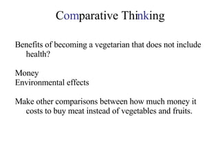C om parative Thi nk ing Benefits of becoming a vegetarian that does not include health? Money Environmental effects Make other comparisons between how much money it costs to buy meat instead of vegetables and fruits. 