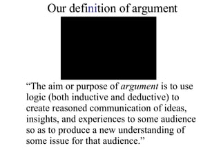 Our defi ni tion of argument “ The aim or purpose of  argument  is to use logic (both inductive and deductive) to create reasoned communication of ideas, insights, and experiences to some audience so as to produce a new understanding of some issue for that audience.” 