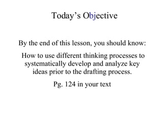 Today’s O bj ective By the end of this lesson, you should know: How to use different thinking processes to systematically develop and analyze key ideas prior to the drafting process. Pg. 124 in your text 