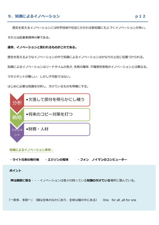 ９．知識によるイノベーション                                              ｐ１２

    歴史を変えるイノベーションには科学技術や社会にかかわる新知識にもとづくイノベーションが多い。


それらは起業家精神の華である。


通常、イノベーションと言われるものがこれである。


歴史を変えるようなイノベーションの中で知識によるイノベーションはかなりの上位に位置づけられる。


知識によるイノベーションはリードタイムの長さ、失敗の確率、不確実性等他のイノベーションとは異なる。


マネジネントが難しい、しかし不可能ではない。


はじめに必要な知識を分析し、欠けているものを明確にする。



           •欠落して部分を明らかにし補う
    分析

           •将来のコピー対策を打つ
    戦略

    マネジネ   •財務・人材
     ント




    知識によるイノベーション事例：


    ・ライト兄弟の飛行機   ・エジソンの電球   ・フォン   ノイマンのコンピューター


    ポイント


    神は細部に宿る・・・イノベーションは我々の持っている知識の欠けている場所に潜んでいる。




 しかし
「一即多、多即一」（個は全体のなかにあり、全体は個の中にある）       One for all ,all for one




,
 