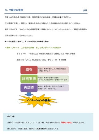 ３．予期せぬ失敗                                     p６

予期せぬ失敗の多くは単に計画、実施段階における過失、不備の結果にすぎない。


だが慎重に計画し、設計し、実施したものが失敗したときは機会の存在を教えることが多い。


製品やサービス、マーケットの前提が現実と乖離するにいたっているかもしれない、顧客の価値観や


認識が変わっているかもしれない。


それらの変化はすべて、イノベーションの機会である。


＜事例：フォード   エドセルの失敗   そしてサンダーバードの成功＞


        １９５７年   「中流の上」の顧客に的を絞って開発したエドセルが惨敗


        原因：ライフスタイルの変化→対応：サンダーバードの開発




 ポイント


 分析だけでは真の姿は見えてこない、先入観、洗脳された頭では「見たいもの」が見えるだけ。


 外に出かけ、素直に観察、聞けば「見えるもの」が見えてくる。
 