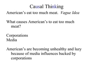  Ca us al Thi nk ing American’s eat too much meat.  Vague Idea What causes American’s to eat too much meat? Corporations Media American’s are becoming unhealthy and lazy because of media influences backed by corporations 