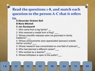 Read the questions 1-8, and match each
question to the person A-C that it refers
to.
A Alexander Graham Bell
B Maria Mitchell
C Jan Szczepanik
1. Who came from a big family? __
2. Who received a medal from a king? ___
3. Whose scientific interests were not grounded in family
traditions? ___
4. Whose achievements were appreciated (визнані) outside
his/her country? ___
5. Whose research was concentrated on one field of science?__
6. Who had planned a different career?___
7. Who worked as a teacher? ____
8. Whose birthplace is open to the public?___
2C1 B 3C 4C 5B 6A 7A 8B
 