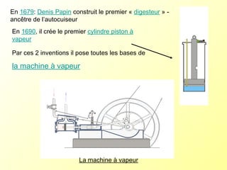 La machine à vapeur En  1679 :  Denis Papin  construit le premier «  digesteur  » -ancêtre de l’autocuiseur  En  1690 , il crée le premier  cylindre piston à vapeur Par ces 2 inventions il pose toutes les bases de  la machine à vapeur 