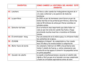 INVENTOS       COMO CAMBIO LA HISTORIA DEL MUNDO ESTE
                                           INVENTO

63. Lonchera               Se llevo a cabo cuando los trabajadores dejaron de ir
                           a la casa a almorzar y se pusieron de moda las
                           loncheras
62. La parrillera          En 1952 un par de hermanos convirtieron un par de
                           bollas marinas en las primeras parrilleras y ahora hay
                           más de 50 millones de estas parrilleras vendidas en
                           estados unidos.
61. Detector de humo       Es el artefacto mas importante que debe haber en
                           casa ya que nos avisa de cuando hay humo y fuego
                           previniendo muchas muertes e incendios en Estados
                           Unidos.
60. El sintetizador moog   Fue una sensación en la música pop y lo utilizaron todos
                           los cantantes de la época.
59. CD ROM                 Remplazo al disquet de computadora y fue creado
                           hace 25 años y ha revolucionado la computación.
58. Motor fuera de borda   Se comenzó a fabricar en 1904 y los primeros solo
                           tenían 1 caballo de fuerza, y, estos comenzaron una
                           revolución en las aguas al convertir los pequeños botes
                           en yates pequeños.
57. Secador de cabello     Le ayudo a muchas personas a secarse el cabello más
                           rápido y fácil ya que sin el secador era muy complicado
                           y hasta se utilizaban aspiradoras antes de este
 