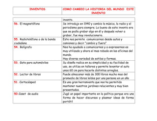 INVENTOS               COMO CAMBIO LA HISTORIA DEL MUNDO ESTE
                                                  INVENTO

                                  invento.
56. El magnetófono                Se introdujo en 1940 y cambio la música, la radio y el
                                  periodismo para siempre; Lo bueno de este invento era
                                  que se podía grabar algo en él y después volver a
                                  grabar, fue muy revolucionario.
55. Radioteléfono o de la banda   Este nos permite comunicarnos desde autos y
ciudadana                         camiones y decir “cambio y fuera”
54. Bolígrafo                     Nos ha ayudado a comunicarnos y a expresarnos es
                                  muy utilizado y ahora el mas robado en las oficinas del
                                  mundo.
                                  Hay diversa variedad de estilos y formas.
53. Gato para automóviles         Su diseño radica en su simplicidad y su facilidad de
                                  uso, se utiliza en talleres y permite levantar el auto
                                  unos 60 cm para hacerle distintos arreglos.
52. Lector de libros              Puede almacenar más de 300 libros mucho mas del
                                  promedio de libros leídos por una persona en un año
51. Cortacésped                   Es una gran herramienta que nos ha permitido
                                  mantener nuestros jardines relucientes y muy bien
                                  presentados.
50.Caset de audio                 Jugó un papel importante en la política porque era una
                                  forma de hacer discursos y plasmar ideas de forma
                                  portátil
 