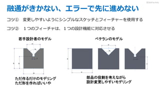 融通がきかない、エラーで先に進めない
コツ① 変更しやすいようにシンプルなスケッチとフィーチャーを使用する
コツ② １つのフィーチャは、１つの設計機能に対応させる
3DdoFactory
 