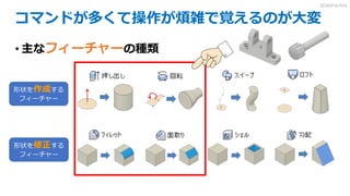 コマンドが多くて操作が煩雑で覚えるのが大変
• 主なフィーチャーの種類
形状を作成する
フィーチャー
形状を修正する
フィーチャー
3DdoFactory
 
