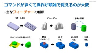 コマンドが多くて操作が煩雑で覚えるのが大変
• 主なフィーチャーの種類
パターンコピー
結合
（ブーリアン）
移動・回転
サーフェスで分割・トリム
ミラーコピー
結合
（和）
切り取り
（差）
交差
（積）
3DdoFactory
 