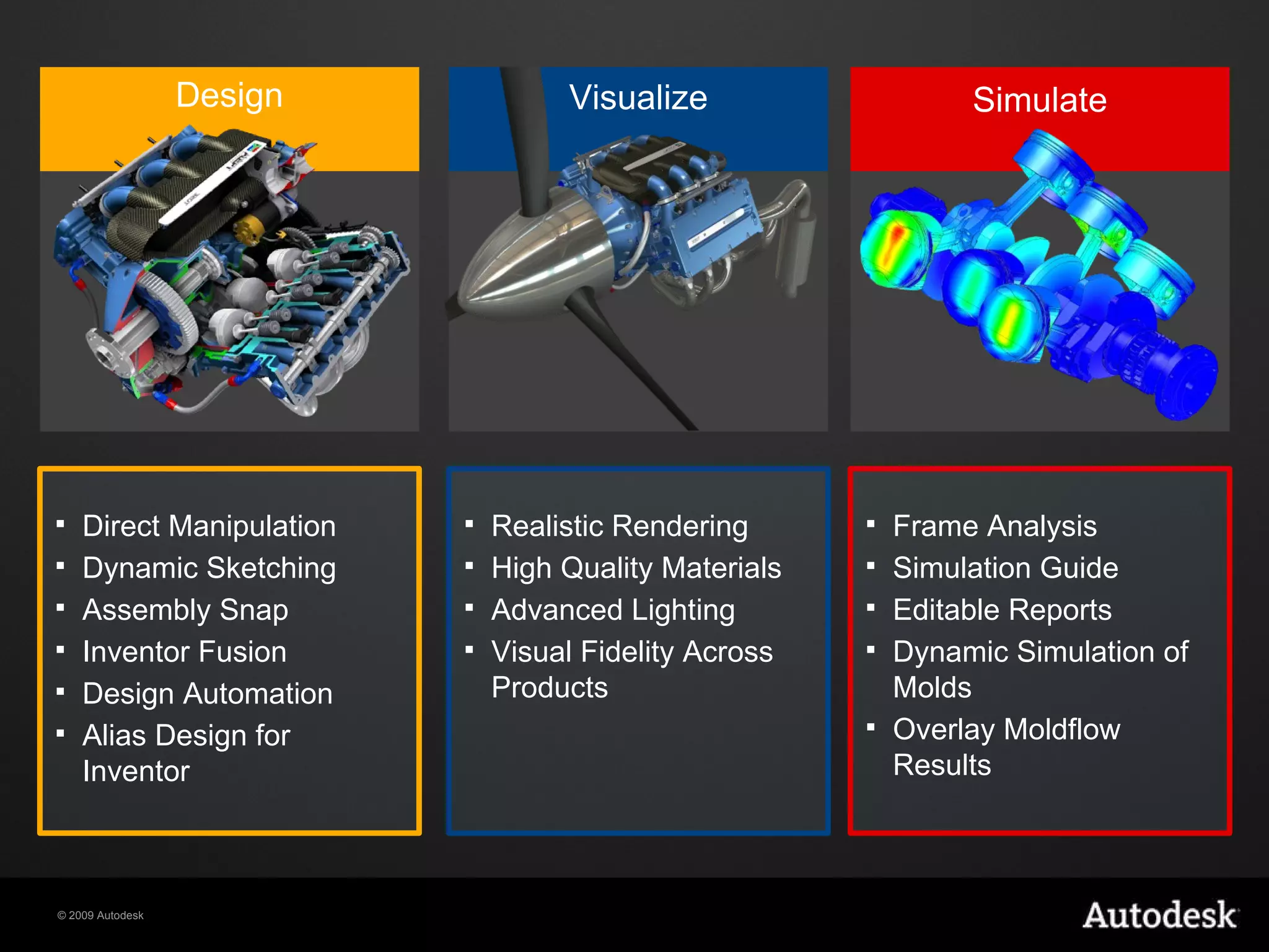 Frame Analysis Simulation Guide Editable Reports Dynamic Simulation of Molds Overlay Moldflow Results Realistic Rendering High Quality Materials Advanced Lighting Visual Fidelity Across Products Direct Manipulation Dynamic Sketching Assembly Snap Inventor Fusion Design Automation Alias Design for Inventor Visualize Design Simulate 