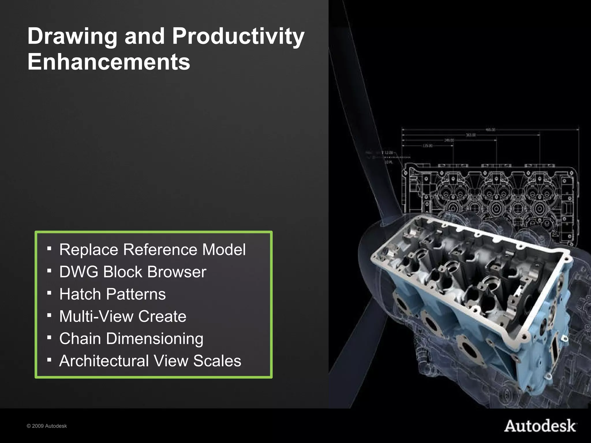 Drawing and Productivity  Enhancements Replace Reference Model DWG Block Browser Hatch Patterns Multi-View Create Chain Dimensioning Architectural View Scales 