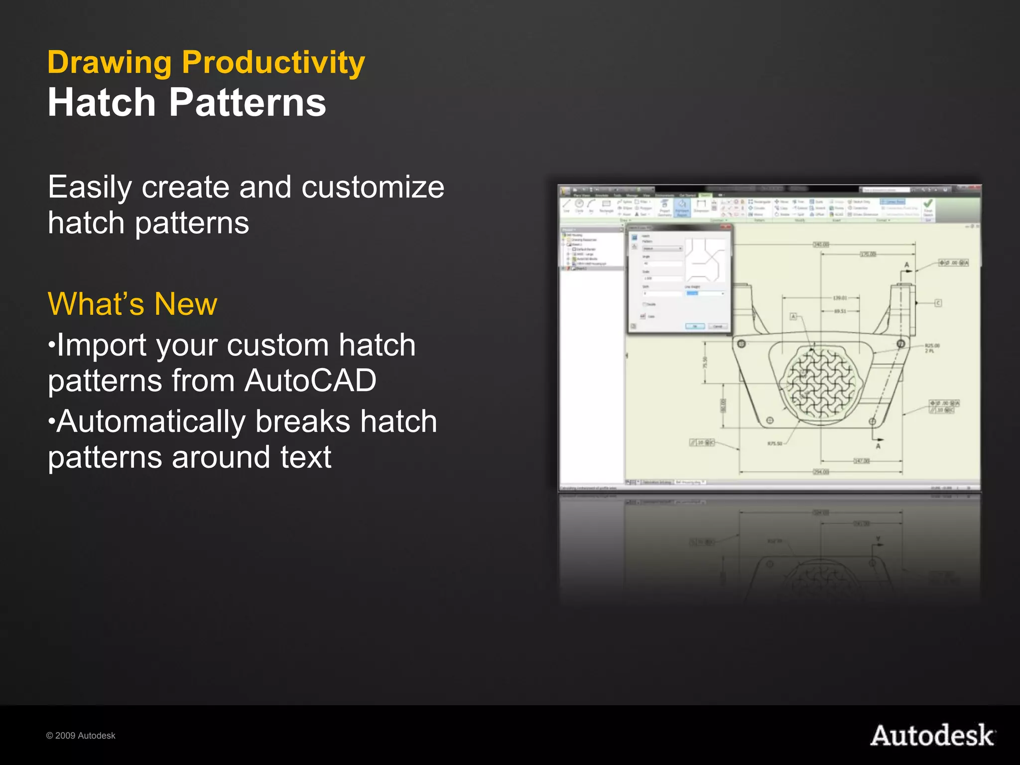 Drawing Productivity  Hatch Patterns Easily create and customize hatch patterns What’s New Import your custom hatch patterns from AutoCAD Automatically breaks hatch patterns around text 