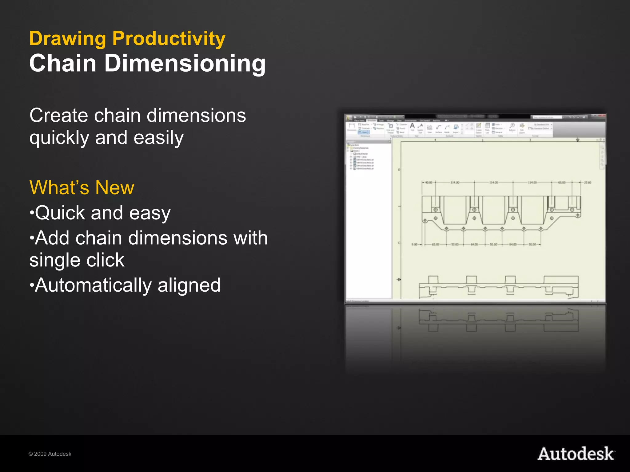 Drawing Productivity  Chain Dimensioning Create chain dimensions quickly and easily  What’s New Quick and easy Add chain dimensions with single click Automatically aligned 