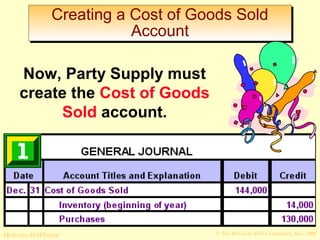 Creating a Cost of Goods Sold 
Account 
Now, Party Supply must 
create the Cost of Goods 
Sold account. 
© The McGraw-Hill/Irwin McGraw-Hill Companies, Inc., 2008 
 