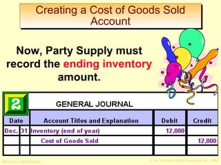 Creating a Cost of Goods Sold 
Account 
Now, Party Supply must 
record the ending inventory 
amount. 
© The McGraw-Hill/Irwin McGraw-Hill Companies, Inc., 2008 
 