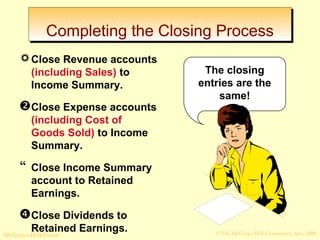 CCoommpplleettiinngg tthhee CClloossiinngg PPrroocceessss 
Close Revenue accounts 
(including Sales) to 
Income Summary. 
Close Expense accounts 
(including Cost of 
Goods Sold) to Income 
Summary. 
 Close Income Summary 
account to Retained 
Earnings. 
Close Dividends to 
Retained Earnings. 
The closing 
entries are the 
same! 
© The McGraw-Hill/Irwin McGraw-Hill Companies, Inc., 2008 
 