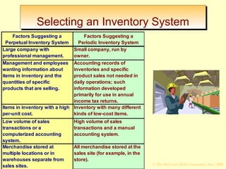 SSeelleeccttiinngg aann IInnvveennttoorryy SSyysstteemm 
Factors Suggesting a 
Perpetual Inventory System 
Factors Suggesting a 
Periodic Inventory System 
Large company with 
professional management. 
Small company, run by 
owner. 
Management and employees 
wanting information about 
items in inventory and the 
quantities of specific 
products that are selling. 
Accounting records of 
inventories and specific 
product sales not needed in 
daily operations; such 
information developed 
primarily for use in annual 
income tax returns. 
Items in inventory with a high 
per-unit cost. 
Inventory with many different 
kinds of low-cost items. 
Low volume of sales 
transactions or a 
computerized accounting 
system. 
High volume of sales 
transactions and a manual 
accounting system. 
Merchandise stored at 
multiple locations or in 
warehouses separate from 
sales sites. 
All merchandise stored at the 
sales site (for example, in the 
store). 
© The McGraw-Hill/Irwin McGraw-Hill Companies, Inc., 2008 
 