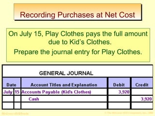 RReeccoorrddiinngg PPuurrcchhaasseess aatt NNeett CCoosstt 
On July 15, Play Clothes pays the full amount 
due to Kid’s Clothes. 
Prepare the journal entry for Play Clothes. 
© The McGraw-Hill/Irwin McGraw-Hill Companies, Inc., 2008 
 