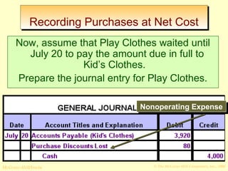 RReeccoorrddiinngg PPuurrcchhaasseess aatt NNeett CCoosstt 
Now, assume that Play Clothes waited until 
July 20 to pay the amount due in full to 
Kid’s Clothes. 
Prepare the journal entry for Play Clothes. 
NNoonnooppeerraattiinngg EExxppeennssee 
© The McGraw-Hill/Irwin McGraw-Hill Companies, Inc., 2008 
 