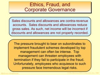 Ethics, Fraud, and 
Corporate Governance 
Sales discounts and allowances are contra-revenue 
accounts. Sales discounts and allowances reduce 
gross sales. As such, net income will be incorrect if 
discounts and allowances are not properly recorded. 
The pressure brought to bear on subordinates to 
implement fraudulent schemes developed by top 
management can often be intense. Top 
management can threaten employees with 
termination if they fail to participate in the fraud. 
Unfortunately, employees who acquiesce to such 
pressure face tremendous legal risks. 
© The McGraw-Hill/Irwin McGraw-Hill Companies, Inc., 2008 
 