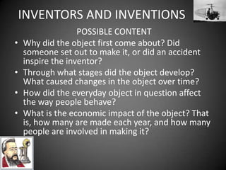Due date foryourglogs: 30th AprilINVENTORS AND INVENTIONS Obligatory media in yourglog:Images: picturesrelatedtoyour inventor and hisinvention.Text: write short paragraphsaboutthe inventor.Audio: youmusttelltherestthereasonforyourchoice, whatmadeyour inventor famous…Video: upload a short video in Englishaboutorrelatedtoyour inventor.Link: include a link to a website in Englishaboutyour inventor.
