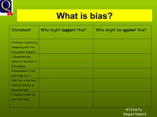 History Department What is bias? Statement  Who might  support  this?   Who might be  against  this? 1.Pakistan cheated by tampering with the  ball against England 2.Queensbridge  School is the best in Birmingham 3.Eastenders is the  best soap on t.v. 4.Mr Lee is the best History teacher at  Queensbridge 5.’Subway’ make the best fast food 