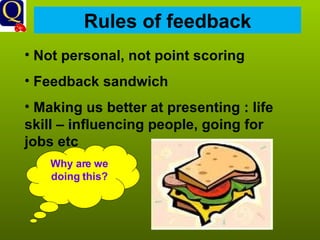 Rules of feedback Not personal, not point scoring Feedback sandwich Making us better at presenting : life skill – influencing people, going for jobs etc Why are we doing this? 
