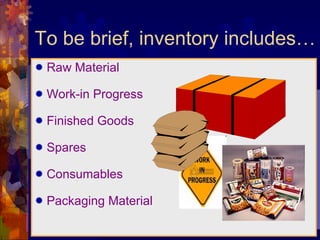 To be brief, inventory includes…  Raw Material Work-in Progress Finished Goods Spares Consumables Packaging Material  