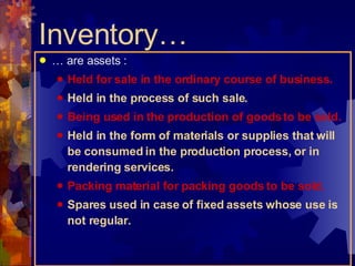 …  are assets : Held for sale in the ordinary course of business. Held in the process of such sale. Being used in the production of goods to be sold. Held in the form of materials or supplies that will be consumed in the production process, or in rendering services. Packing material for packing goods to be sold. Spares used in case of fixed assets whose use is not regular. Inventory… 