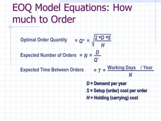 EOQ Model Equations: How
much to Order
 Optimal Order Quantity          2 ×D ×S
                         = Q* =
                                    H
 Expected Number of Orders = N = D
                                Q*
 Expected Time Between Orders              Working Days / Year
                                   =T =
                                                      N
                                D = Demand per year
                                S = Setup (order) cost per order
                                H = Holding (carrying) cost
 