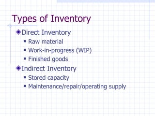 Types of Inventory
  Direct Inventory
     Raw material
     Work-in-progress (WIP)
     Finished goods
  Indirect Inventory
     Stored capacity
     Maintenance/repair/operating supply
 