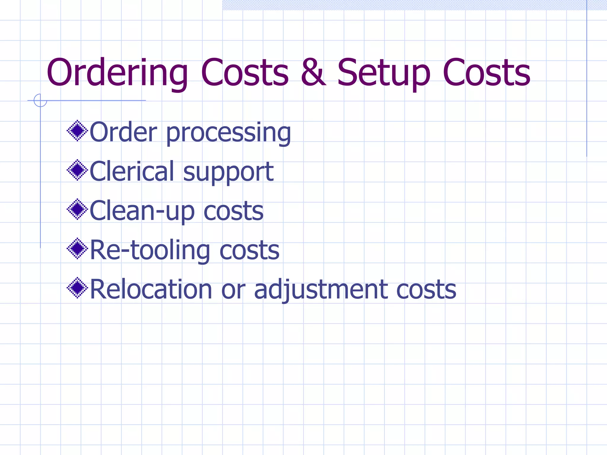 Ordering Costs & Setup Costs Order processing Clerical support Clean-up costs Re-tooling costs Relocation or adjustment costs 
