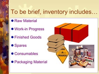 To be brief, inventory includes…  Raw Material Work-in Progress Finished Goods Spares Consumables Packaging Material  