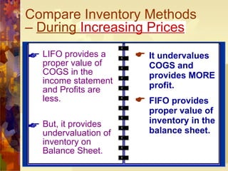 Compare Inventory Methods –  During  Increasing Prices LIFO provides a proper value of COGS in the income statement and Profits are less. But, it provides undervaluation of inventory on Balance Sheet. It undervalues COGS and provides MORE profit. FIFO provides proper value of inventory in the balance sheet. 