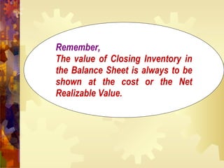 Remember, The value of Closing Inventory in the Balance Sheet is always to be shown at the cost or the Net Realizable Value. 