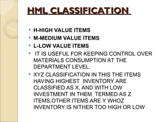 HML CLASSIFICATION
HML CLASSIFICATION
 H-HIGH VALUE ITEMS
 M-MEDIUM VALUE ITEMS
 L-LOW VALUE ITEMS
 IT IS USEFUL FOR KEEPING CONTROL OVER
MATERIALS CONSUMPTION AT THE
DEPARTMENT LEVEL.
 XYZ CLASSIFICATION IN THIS THE ITEMS
HAVING HIGHEST INVENTORY ARE
CLASSIFIED AS X, AND WITH LOW
INVESTMENT IN THEM TERMED AS Z
ITEMS,OTHER ITEMS ARE Y WHOZ
INVENTORY IS NITHER TOO HIGH OR LOW
 