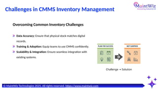 6
Challenges in CMMS Inventory Management
Challenge Solution
→
Data Accuracy: Ensure that physical stock matches digital
records.
Training & Adoption: Equip teams to use CMMS confidently.
Scalability & Integration: Ensure seamless integration with
existing systems.
Overcoming Common Inventory Challenges
© MaintWiz Technologies 2025. All rights reserved. https://www.maintwiz.com
 