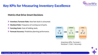 8
Key KPIs for Measuring Inventory Excellence
Inventory Turnover Rate: How fast stock is consumed.
Stockout Rate: Frequency of running out of parts.
Carrying Costs: Cost of holding stock.
Forecast Accuracy: Predictive planning performance.
Metrics that Drive Smart Decisions
Inventory KPIs: Turnover |
Stockout | Cost | Accuracy
© MaintWiz Technologies 2025. All rights reserved. https://www.maintwiz.com
 
