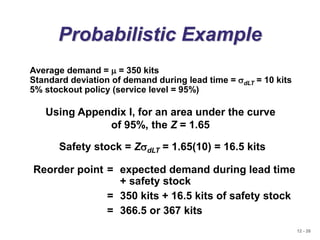 12 - 26
Probabilistic Example
Average demand = m = 350 kits
Standard deviation of demand during lead time = sdLT = 10 kits
5% stockout policy (service level = 95%)
Using Appendix I, for an area under the curve
of 95%, the Z = 1.65
Safety stock = ZsdLT = 1.65(10) = 16.5 kits
Reorder point = expected demand during lead time
+ safety stock
= 350 kits + 16.5 kits of safety stock
= 366.5 or 367 kits
 