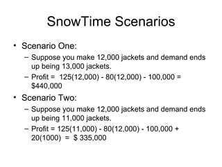 SnowTime Scenarios
• Scenario One:
  – Suppose you make 12,000 jackets and demand ends
    up being 13,000 jackets.
  – Profit = 125(12,000) - 80(12,000) - 100,000 =
    $440,000
• Scenario Two:
  – Suppose you make 12,000 jackets and demand ends
    up being 11,000 jackets.
  – Profit = 125(11,000) - 80(12,000) - 100,000 +
    20(1000) = $ 335,000
 