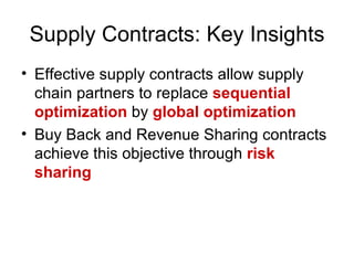 Supply Contracts: Key Insights
• Effective supply contracts allow supply
  chain partners to replace sequential
  optimization by global optimization
• Buy Back and Revenue Sharing contracts
  achieve this objective through risk
  sharing
 