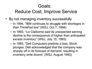 Goals:
     Reduce Cost, Improve Service
• By not managing inventory successfully
  – In 1994, “IBM continues to struggle with shortages in
    their ThinkPad line” (WSJ, Oct 7, 1994)
  – In 1993, “Liz Claiborne said its unexpected earning
    decline is the consequence of higher than anticipated
    excess inventory” (WSJ, July 15, 1993)
  – In 1993, “Dell Computers predicts a loss; Stock
    plunges. Dell acknowledged that the company was
    sharply off in its forecast of demand, resulting in
    inventory write downs” (WSJ, August 1993)
 