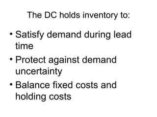 The DC holds inventory to:

• Satisfy demand during lead
  time
• Protect against demand
  uncertainty
• Balance fixed costs and
  holding costs
 