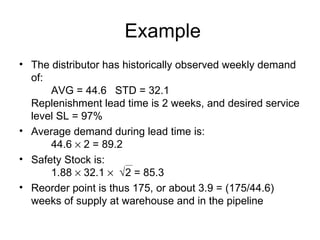 Example
• The distributor has historically observed weekly demand
  of:
      AVG = 44.6 STD = 32.1
  Replenishment lead time is 2 weeks, and desired service
  level SL = 97%
• Average demand during lead time is:
      44.6 × 2 = 89.2
• Safety Stock is:
      1.88 × 32.1 × √2 = 85.3
• Reorder point is thus 175, or about 3.9 = (175/44.6)
  weeks of supply at warehouse and in the pipeline
 